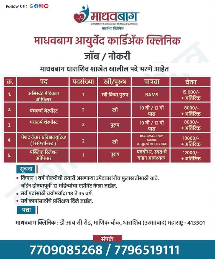 माधवबाग धाराशिव या ठिकाणी नोकरीची सुवर्णसंधी आहे.