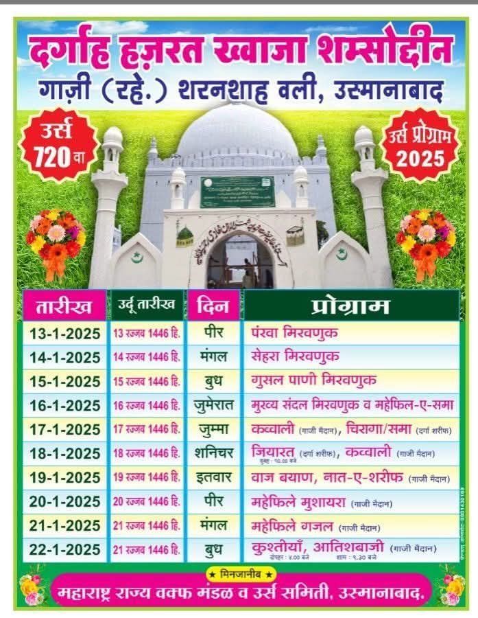१३ ते २२ जानेवारी दरम्यान हजरत ख्वाजा शमशोद्दीन उर्स