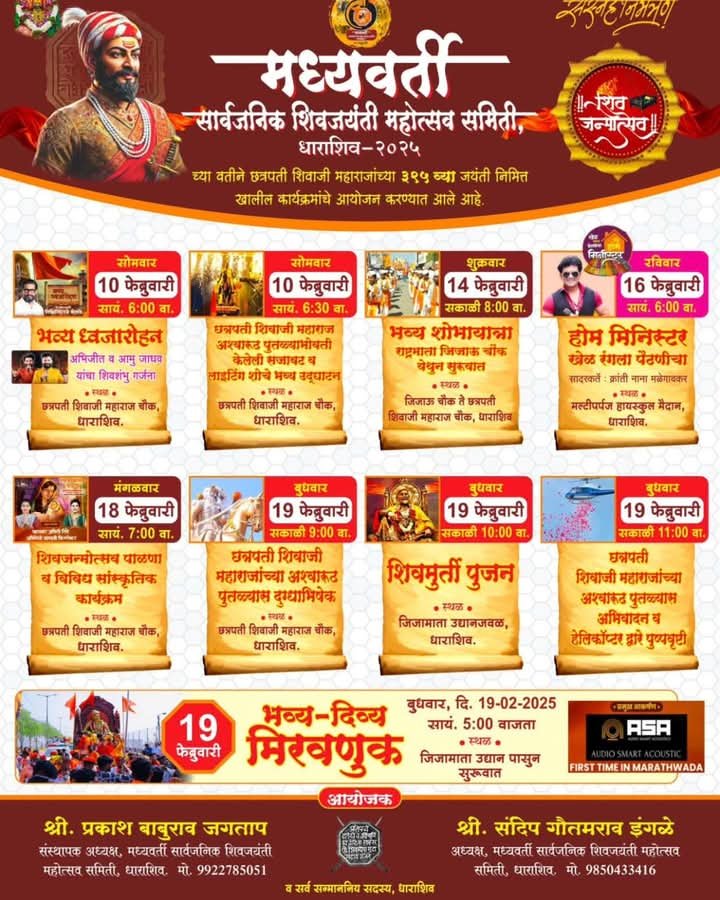 धाराशिव – छत्रपती शिवाजी महाराजांच्या जयंती निमित्त धाराशिव शहरात विविध कार्यक्रमाचे आयोजन.